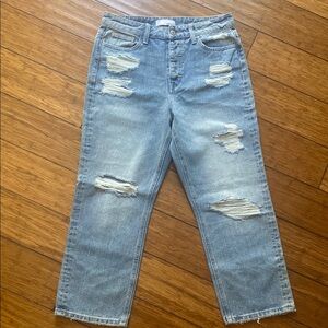 Blue Boyfriend Jeans with Distressed Cropped Fit